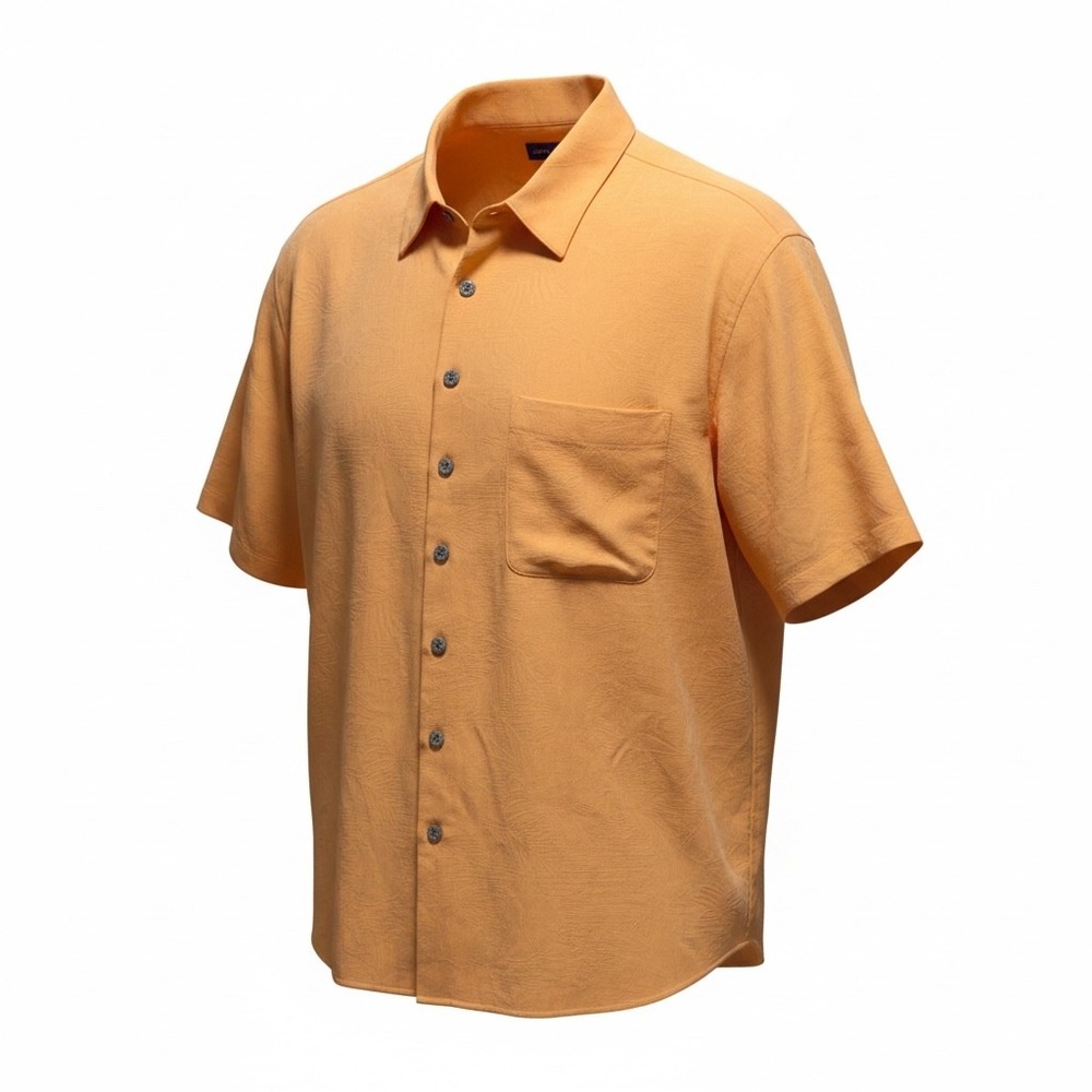 John Ashford Mens XXL Orange 100% Silk Short Sleeve Tropical Jacquard Shirt